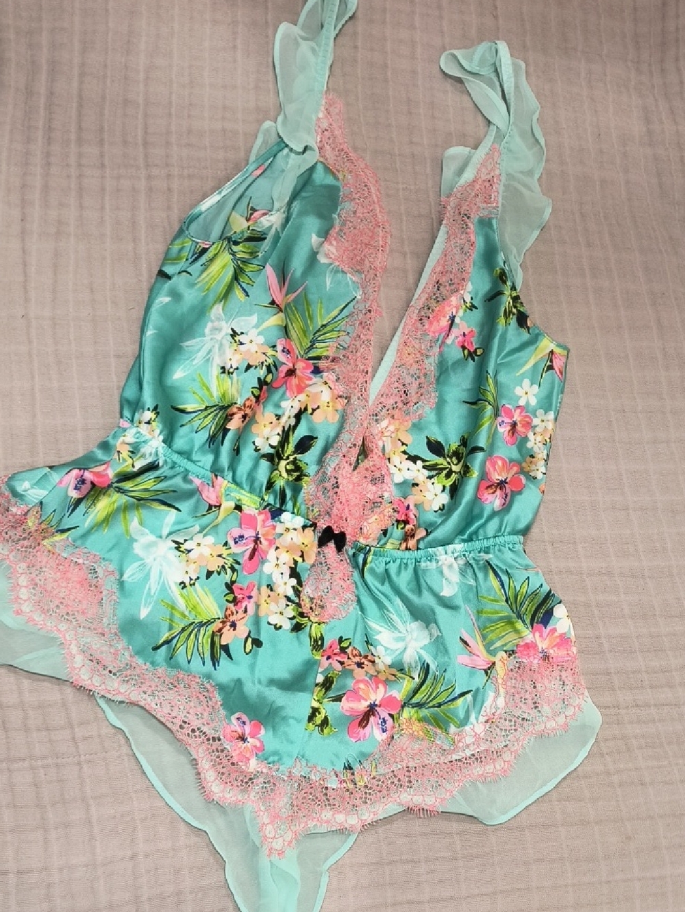 Victoria's Secret Teal Floral Lace Satin Romper with Pink Trim